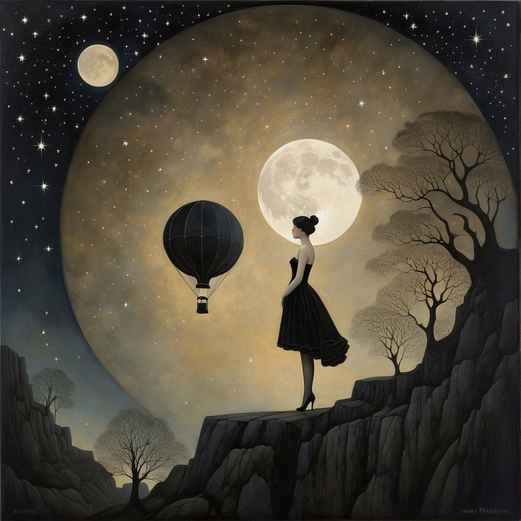Woman in Black Dress Under Luminous Moons and Stars