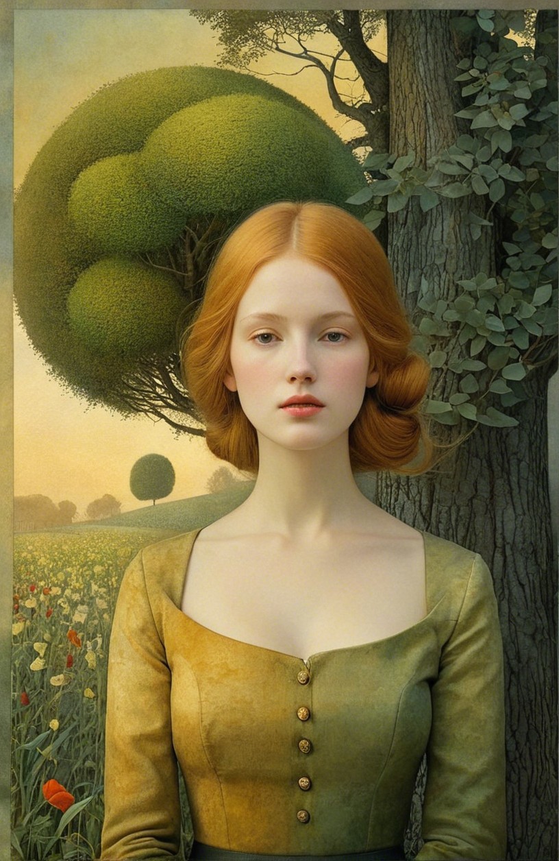 Portrait of a Young Woman in a Vintage Green Gown