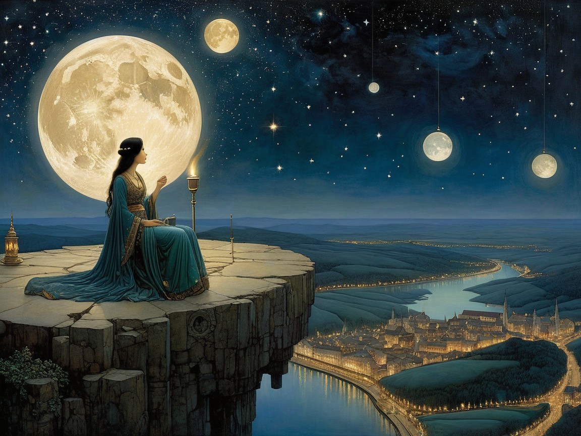 Serene Figure on Cliff Under Starry Sky and Moonlight
