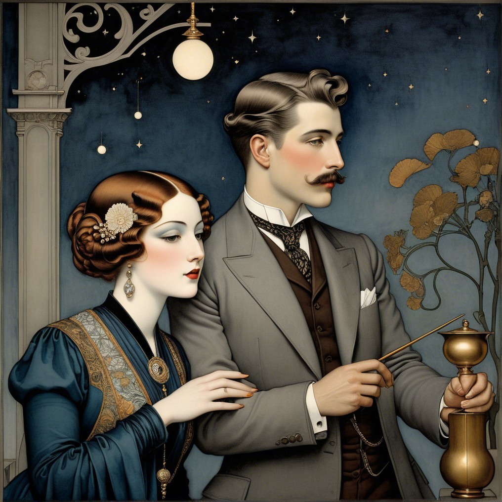 Vintage Couple Under Soft Lamp with Starry Background