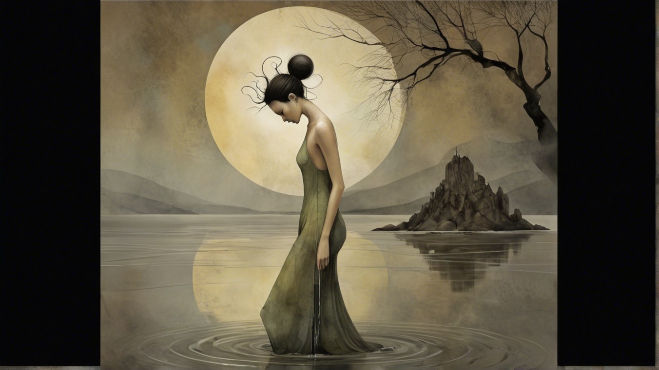 Solitary Figure in Green Dress by Water at Night