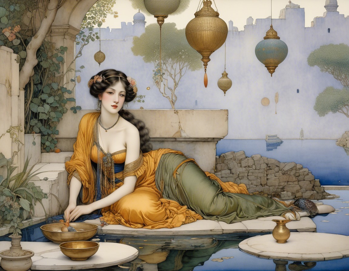 Ethereal Woman by Tranquil Pool in Vibrant Attire