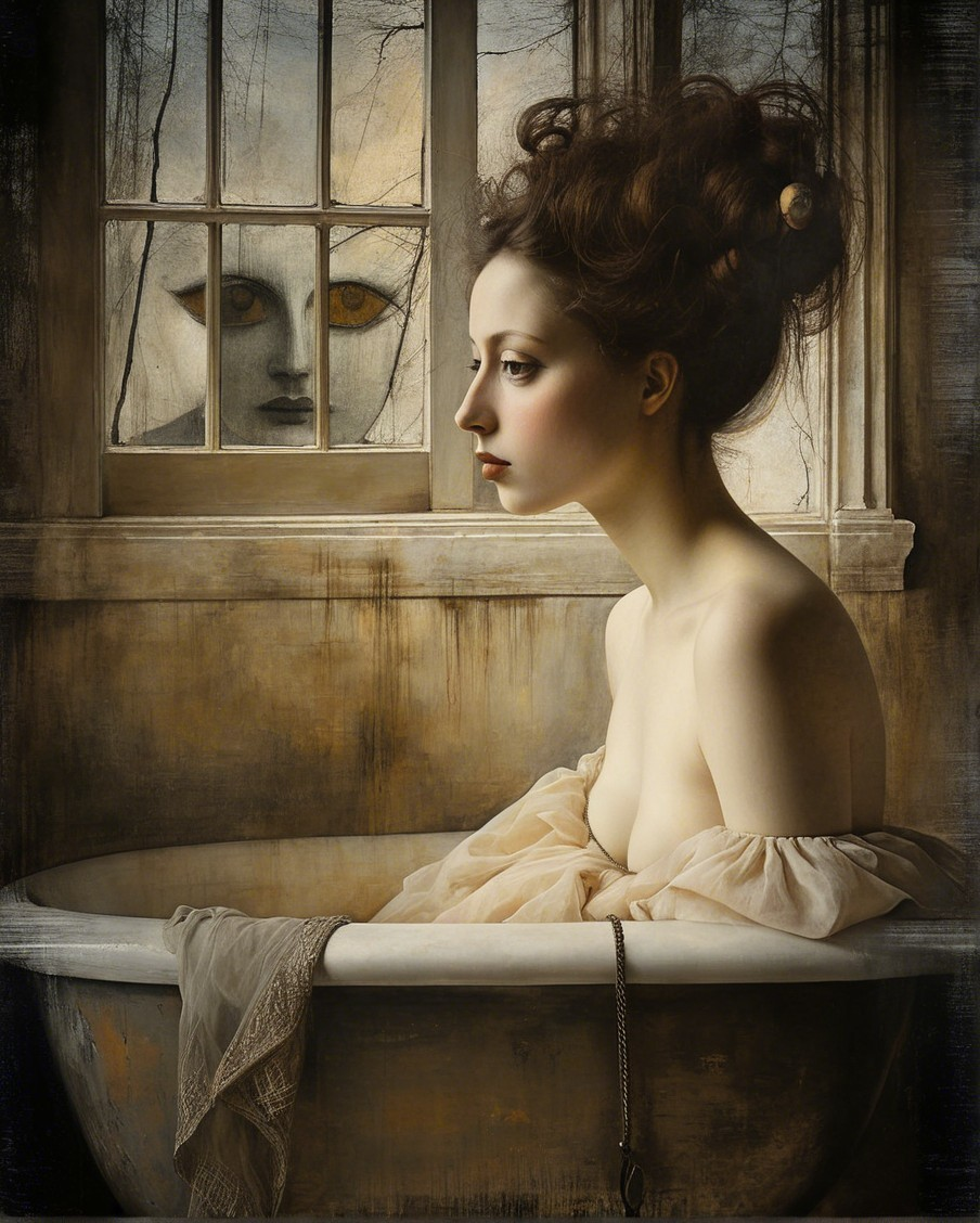 Contemplative Woman in Vintage Bathtub with Eerie Figure