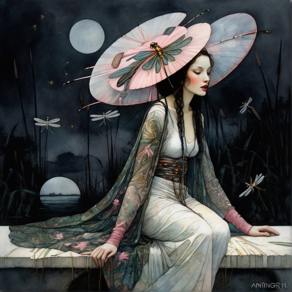 Ethereal Woman in Floral Gown Under Twin Moons