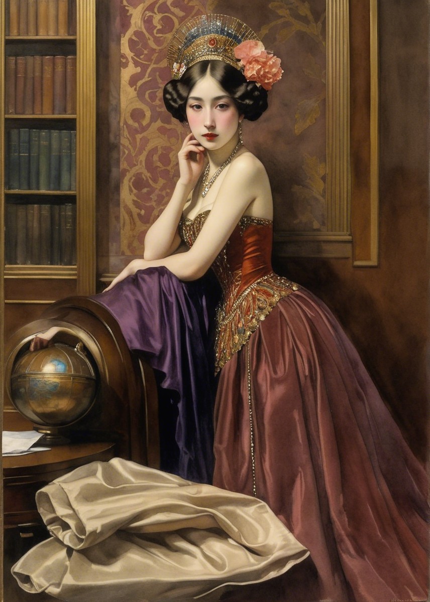 Elegant Woman in Burgundy Gown with Floral Headdress
