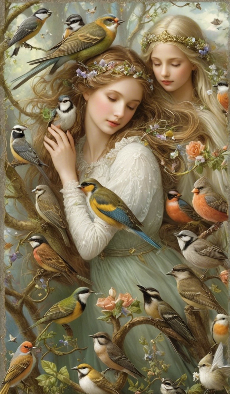 Ethereal Women Surrounded by Vibrant Birds and Flowers