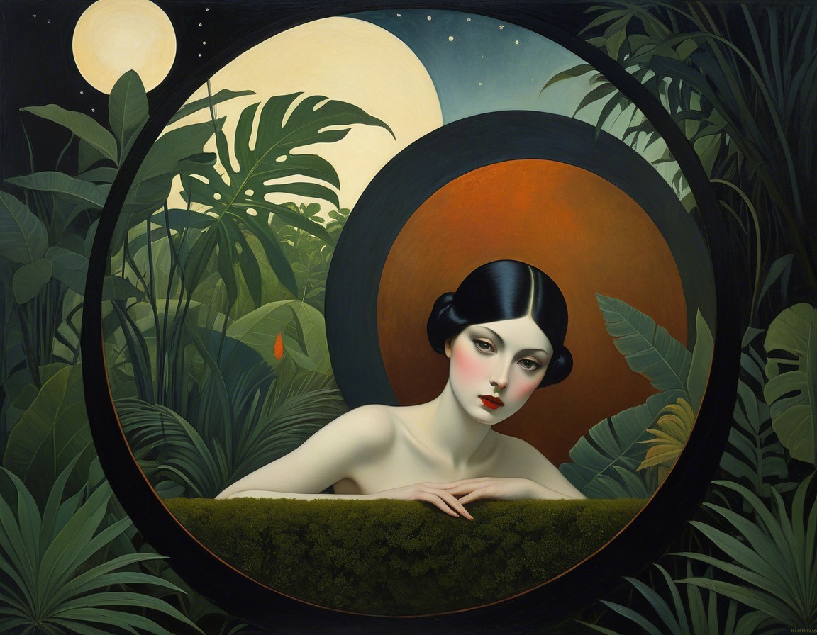 Serene Woman Surrounded by Lush Greenery and Moonlight