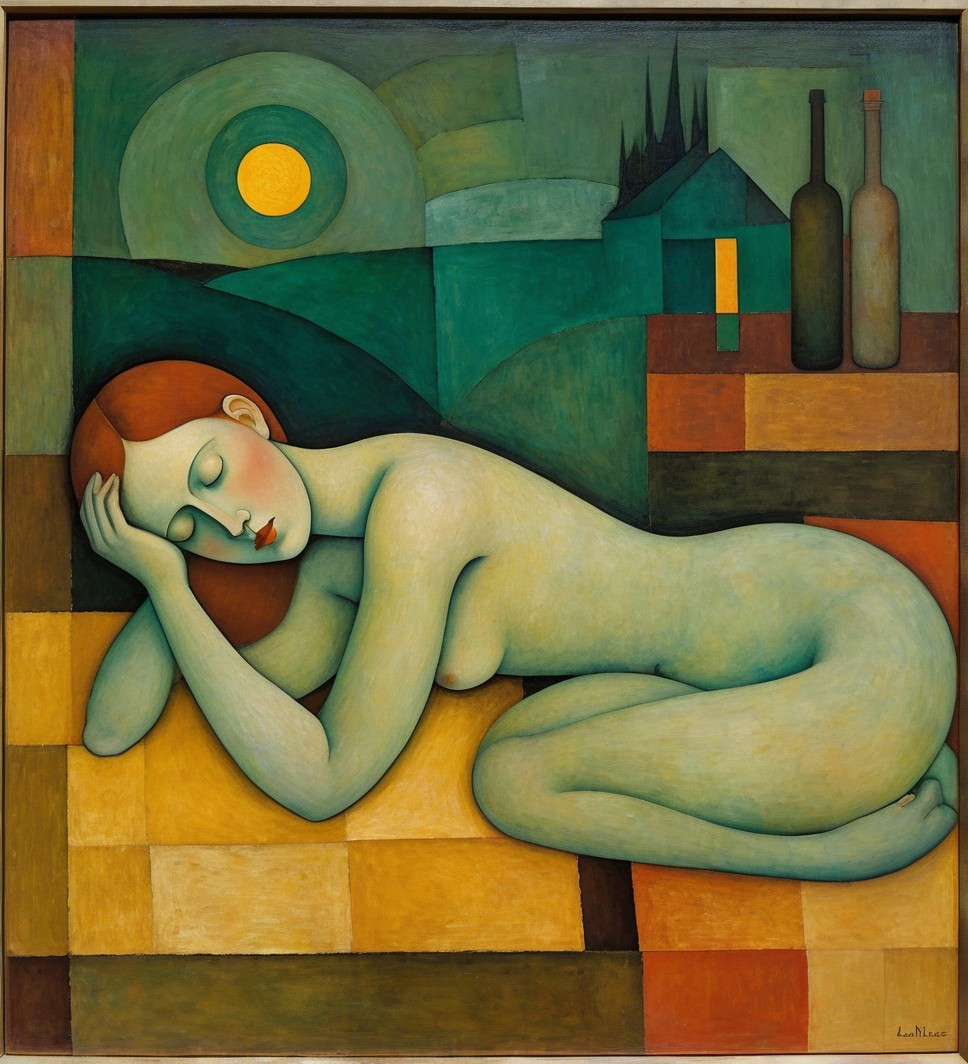 Nude Woman Reclining Against Geometric Background