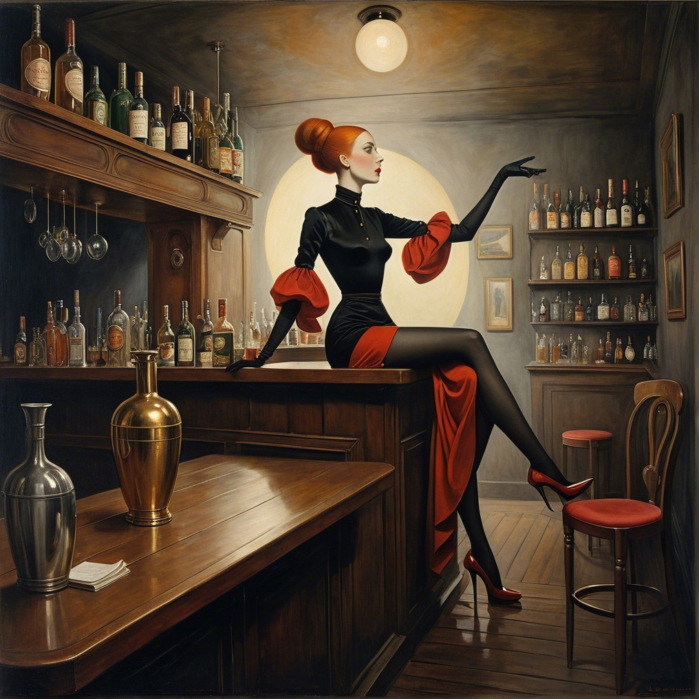 Chic Woman in Glamorous Outfit at Vintage Bar Counter