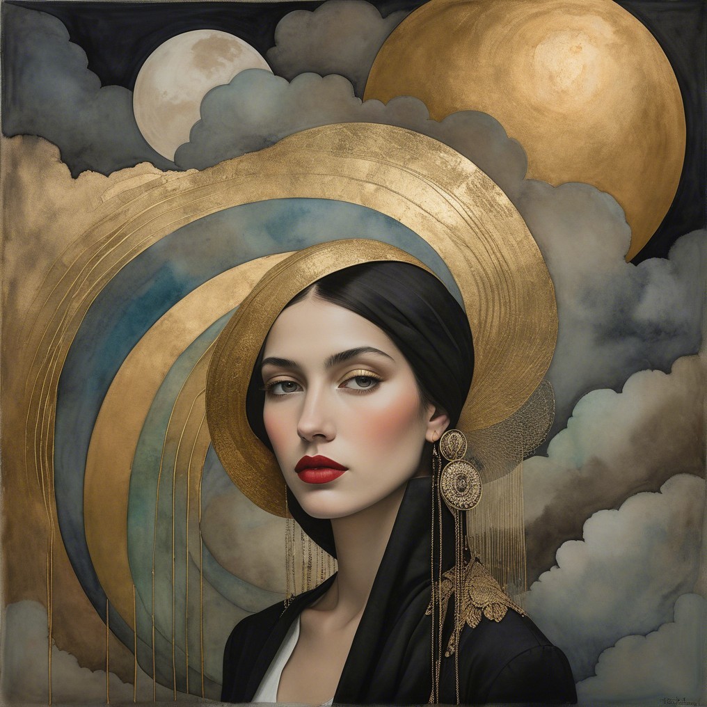 Serene Woman in Black with Celestial Background