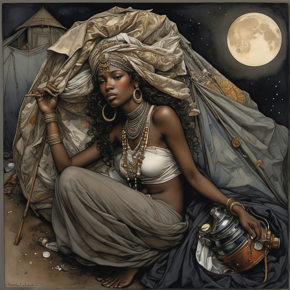 Woman in flowing outfit with lantern under moonlight