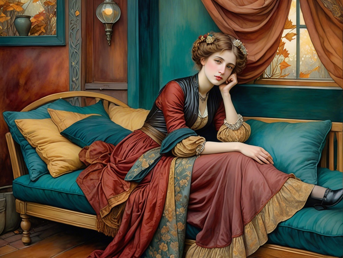 Young Woman in Gown on Teal Sofa in Autumn Light