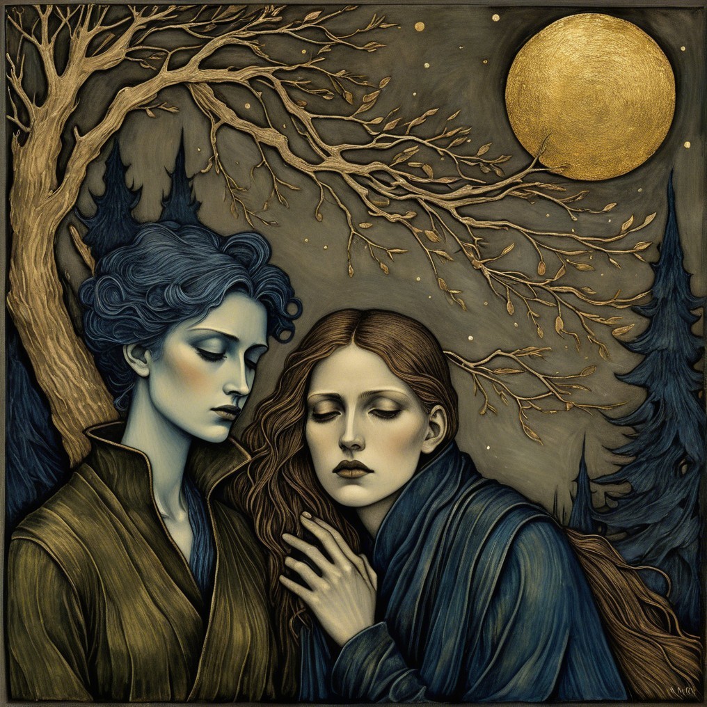 Ethereal Women in Muted Blue and Gold Landscape