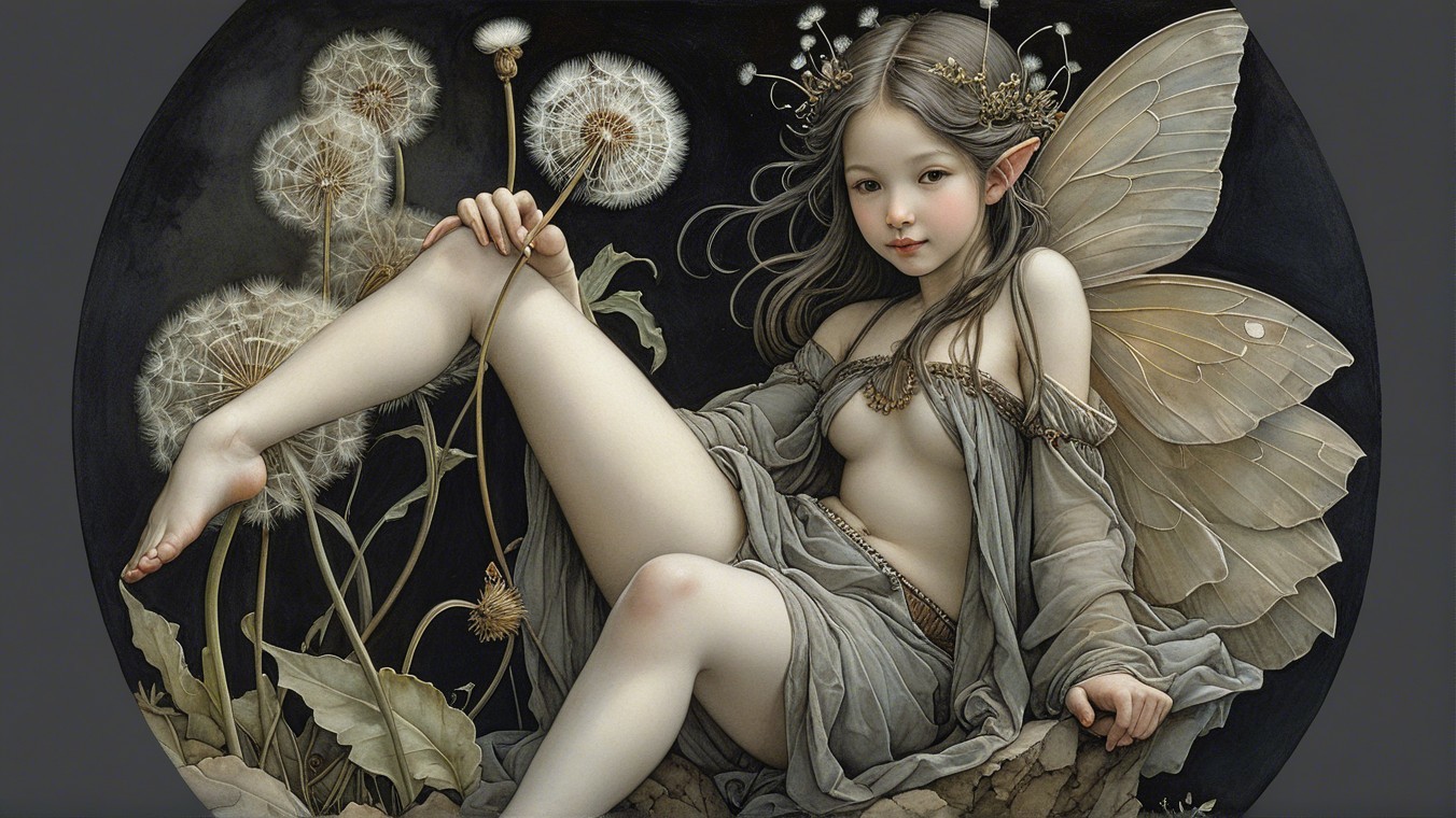 Fairy Girl Surrounded by Dandelions and Flowers