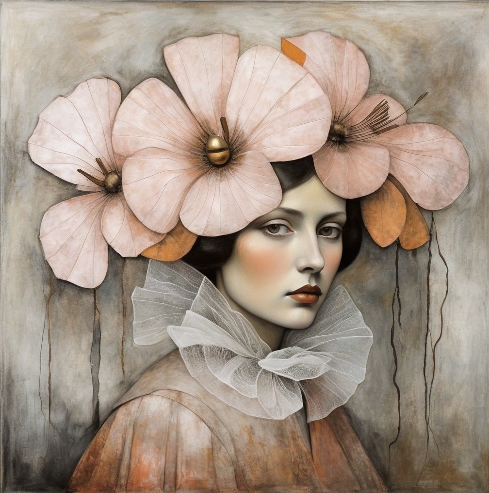 Portrait of a woman with pink flowers and ruff