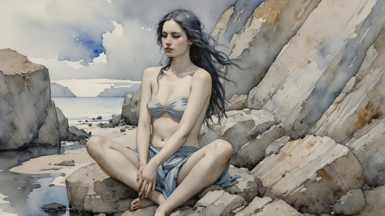 Serene Young Woman on Rocky Shore with Tranquil Sea