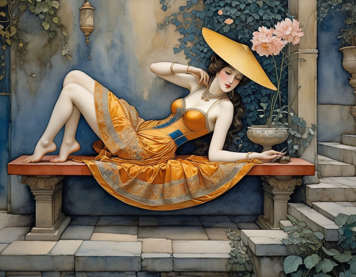 Serene Woman in Orange Dress Surrounded by Nature