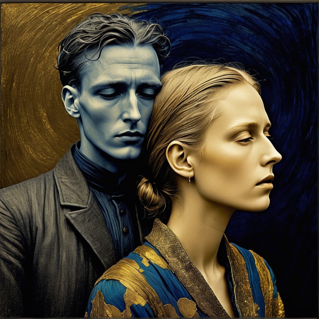 Figures with contrasting skin tones in rich clothing