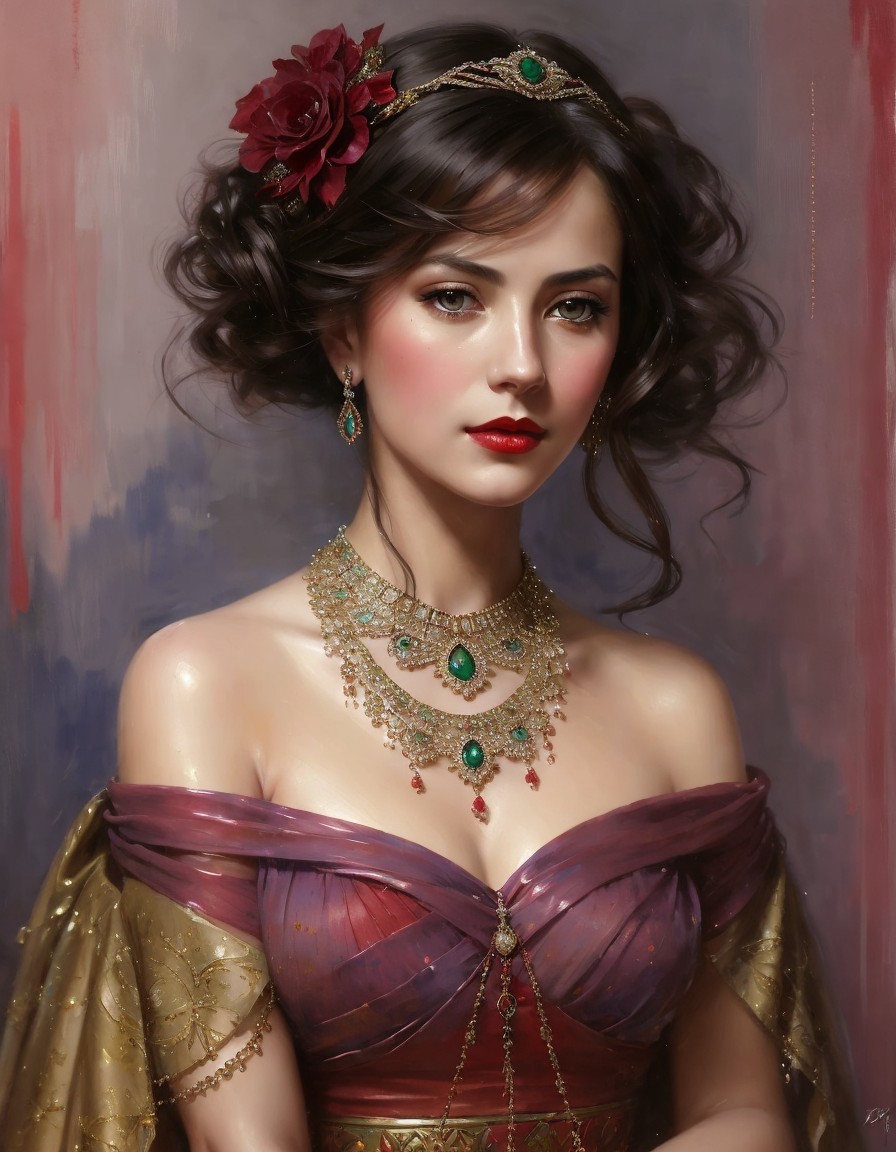 Portrait of woman with elegant updo, red flower, tiara, earrings, necklace, purple dress