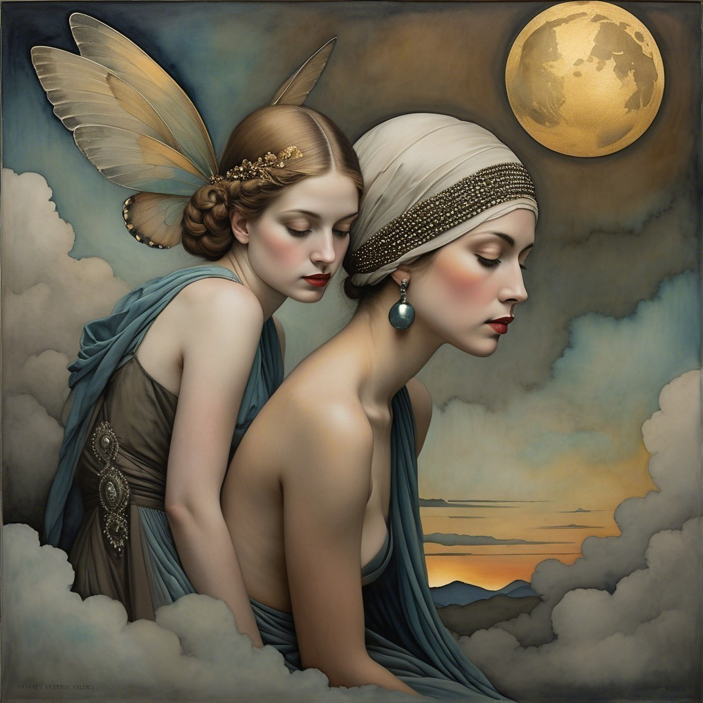 Ethereal Women in Dreamlike Landscape with Moonlight
