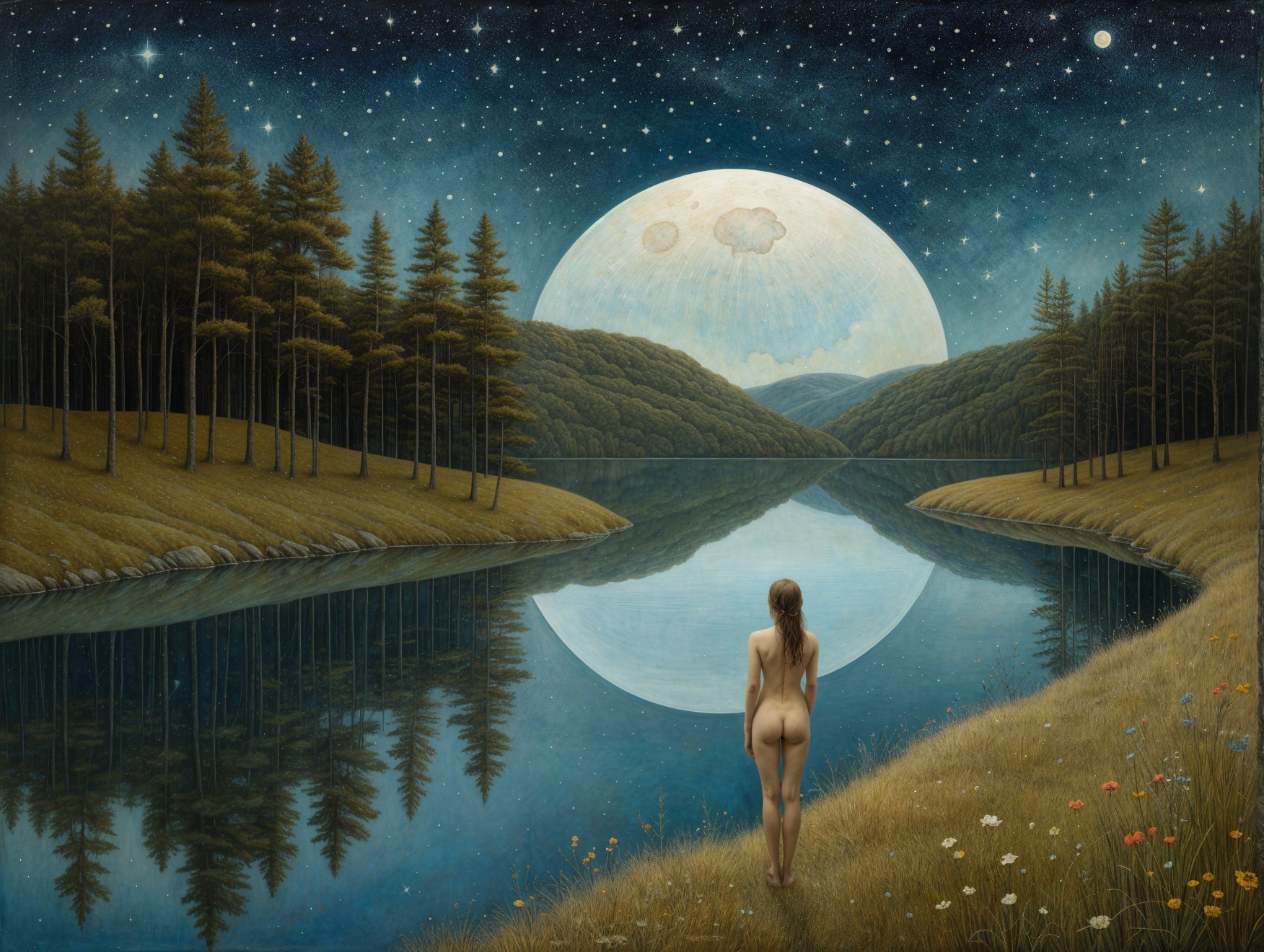 Tranquil Lake Landscape with Moon and Starry Sky