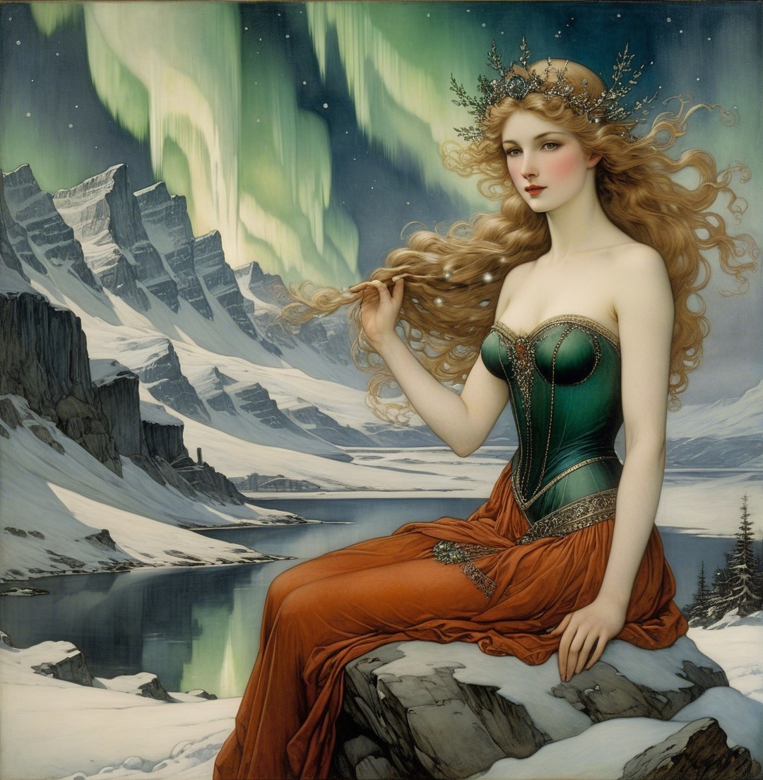 Red-haired woman in crown by lake under aurora
