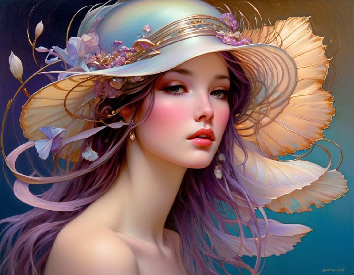 Painting of a woman in a floral wide-brimmed hat