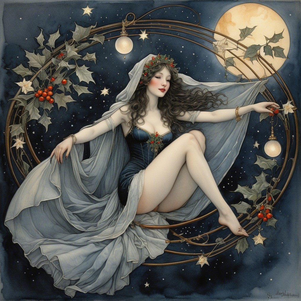 Mystical figure in blue gown against starry night