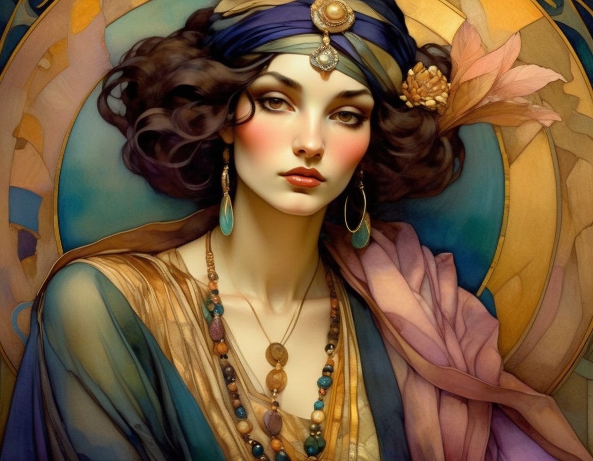 Digital Painting of Elegant Woman with Curly Hair