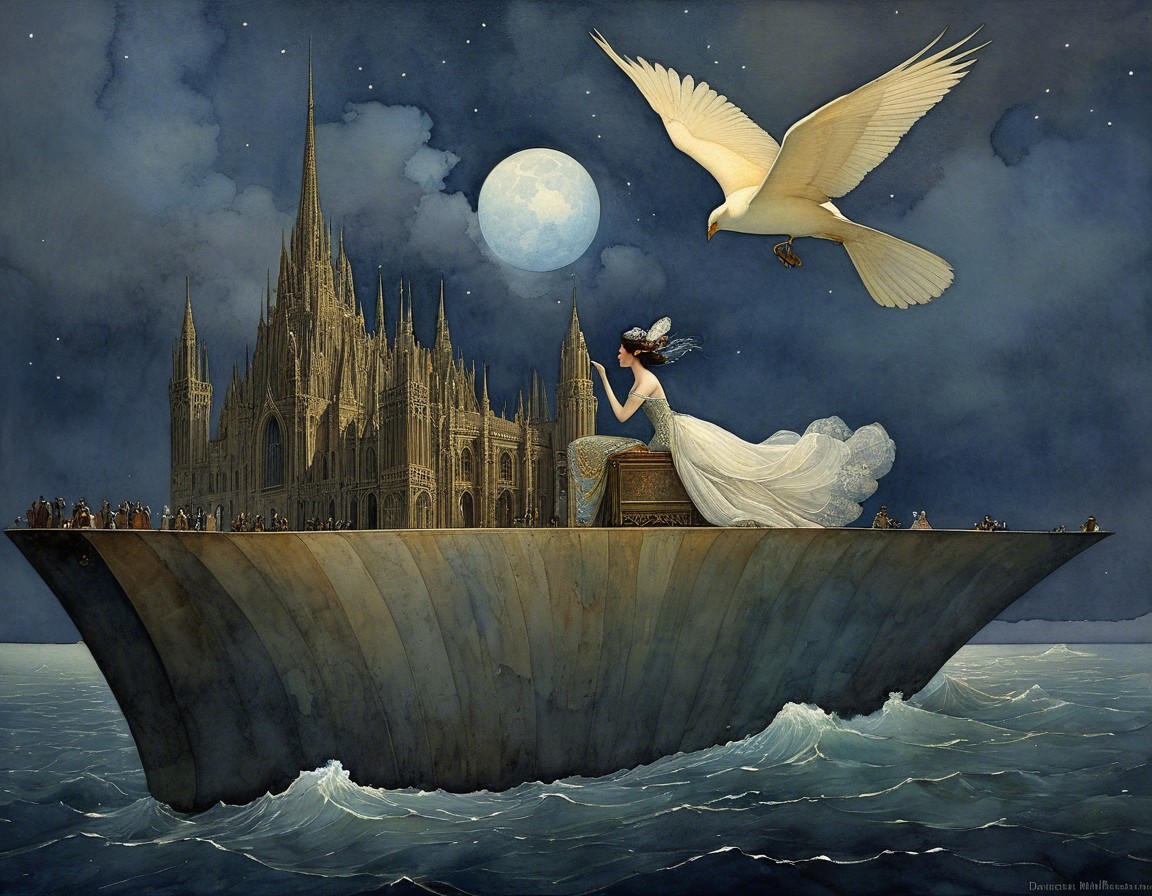 Woman in White Gown on Boat Under Moonlit Sky