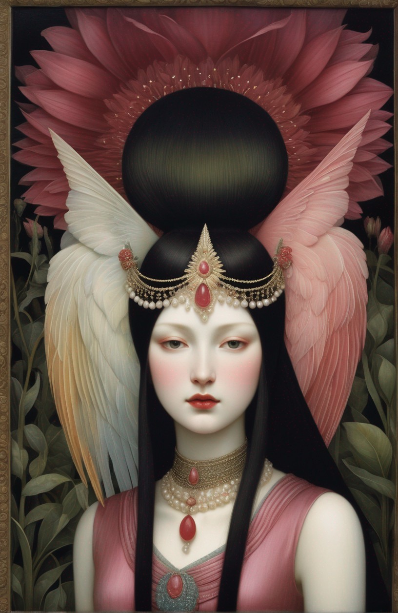 Serene figure with wings and ornate headdress in nature