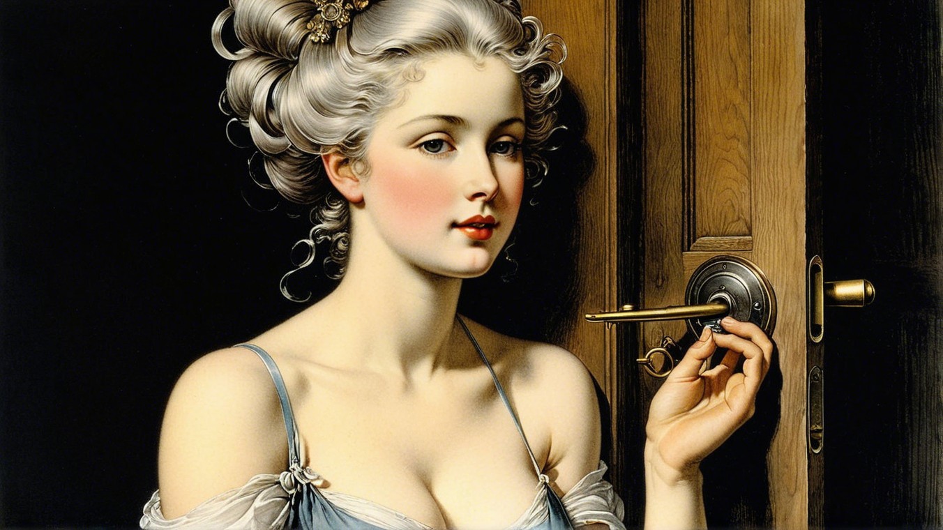 Elegant Woman with Blonde Hair and Crown by Door