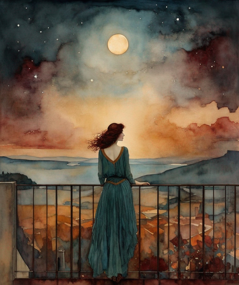 Woman in teal dress on balcony at twilight with moon and starry sky.