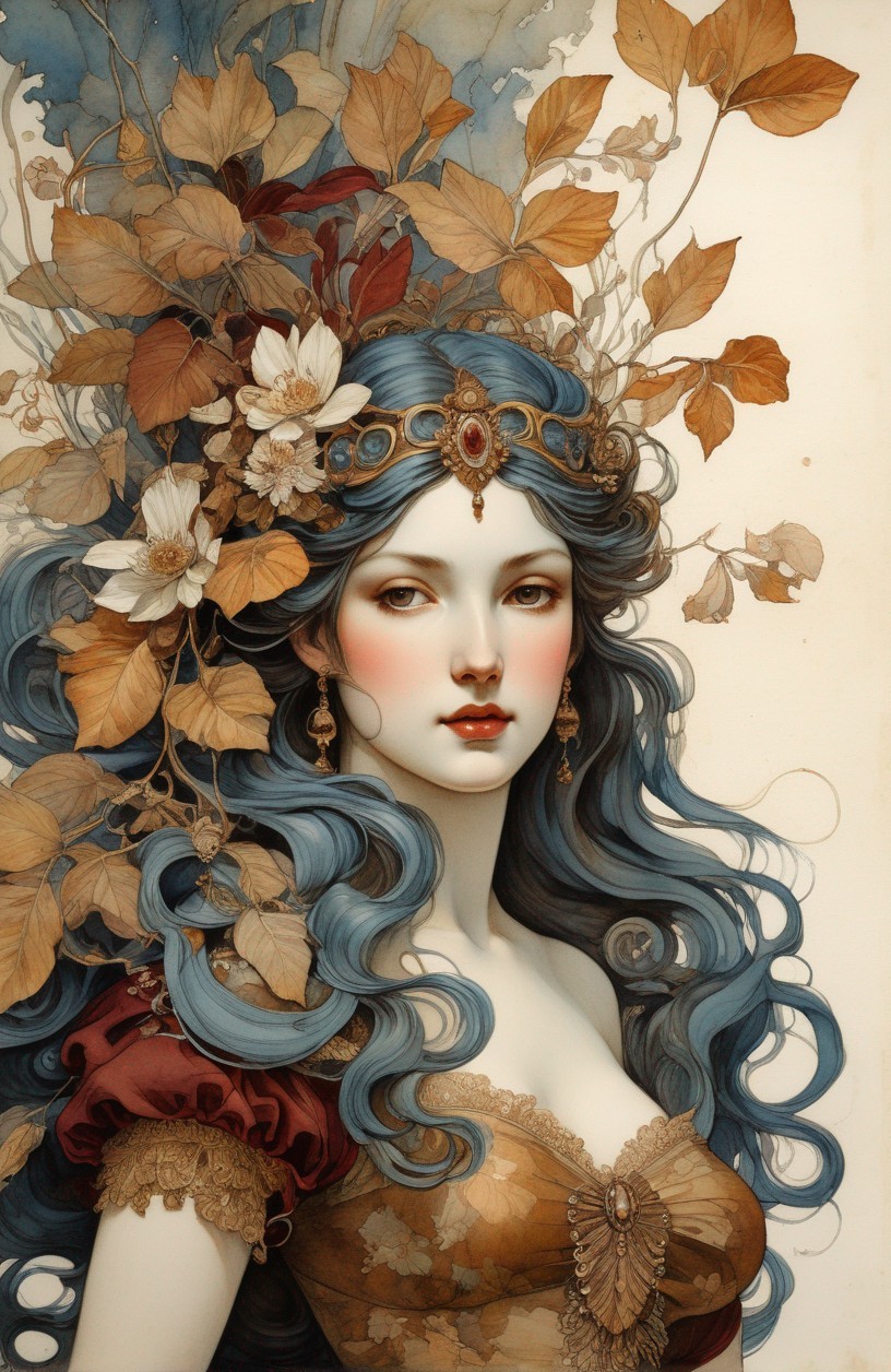 Fantasy illustration: Woman with blue wavy hair, adorned with autumn leaves and flowers, wearing golden
