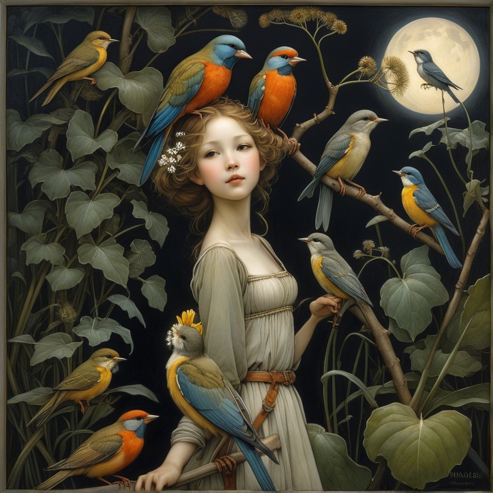 Young girl in vibrant foliage with colorful birds