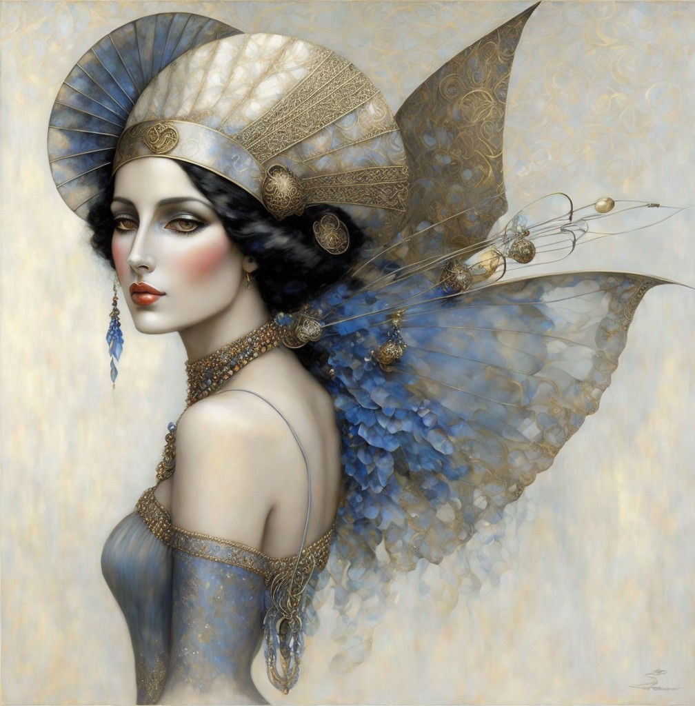 Regal woman in elegant gown with intricate jewelry