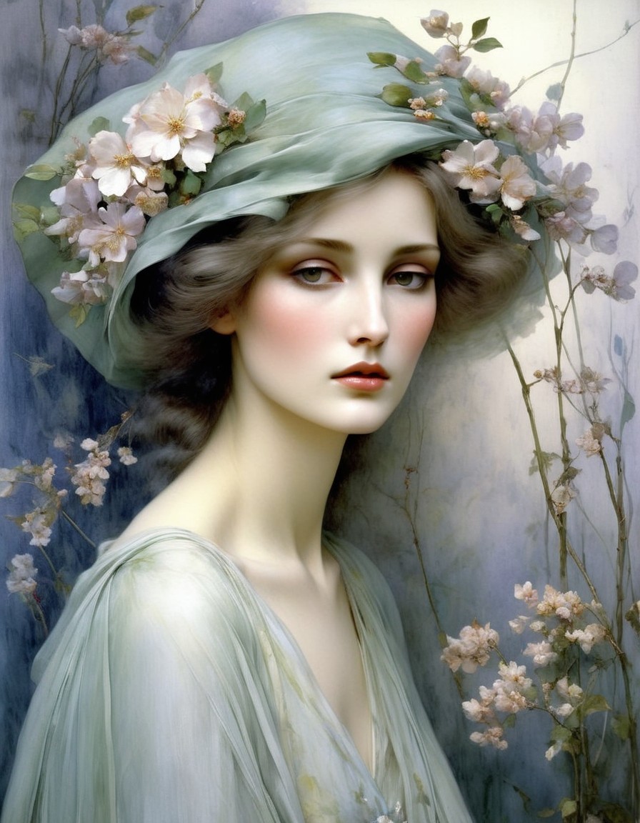 Portrait of Woman in Pastel Green Hat Among Pink Blossoms