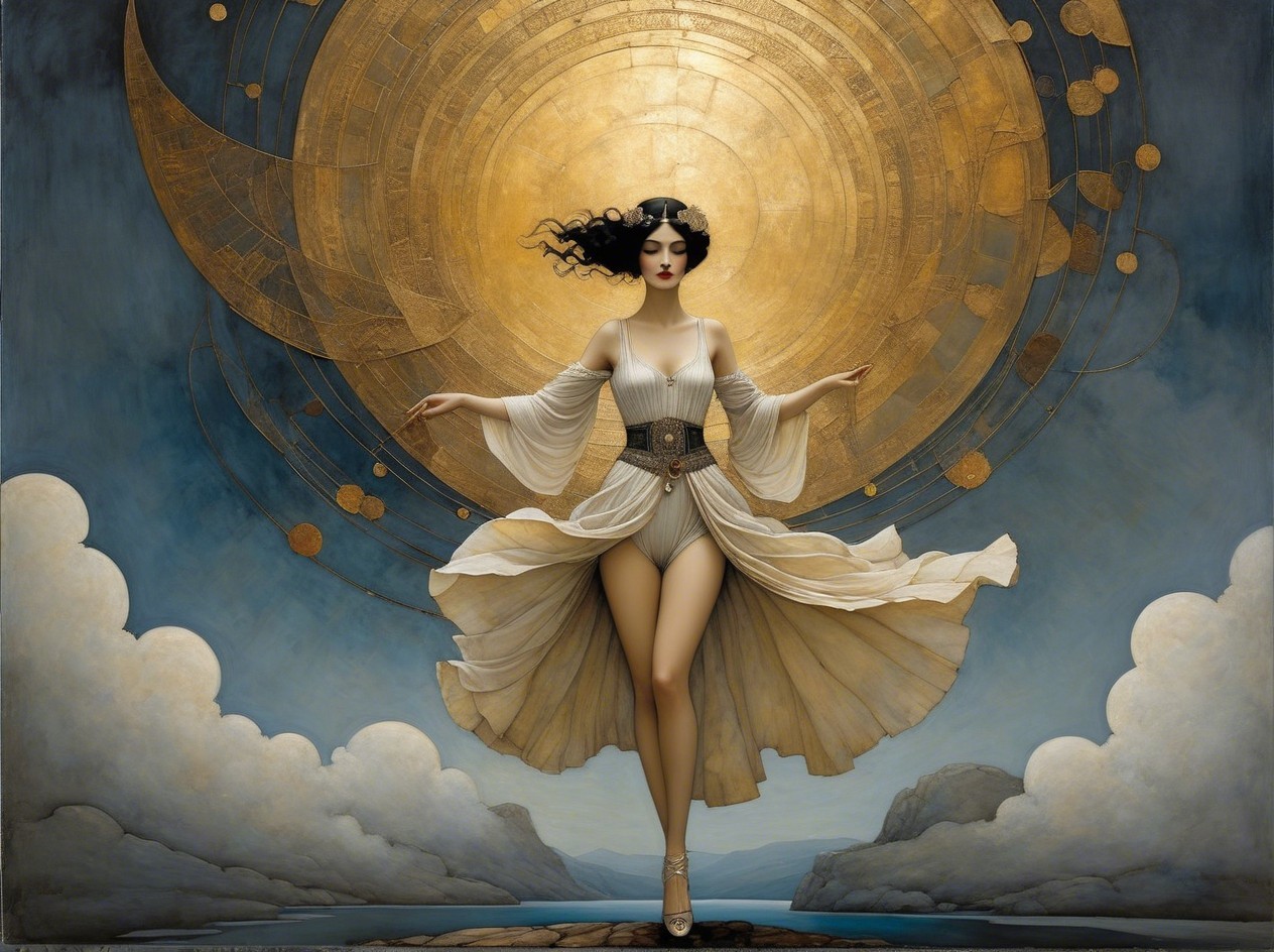 Mythical Woman in Off-White Gown on Rocky Outcrop