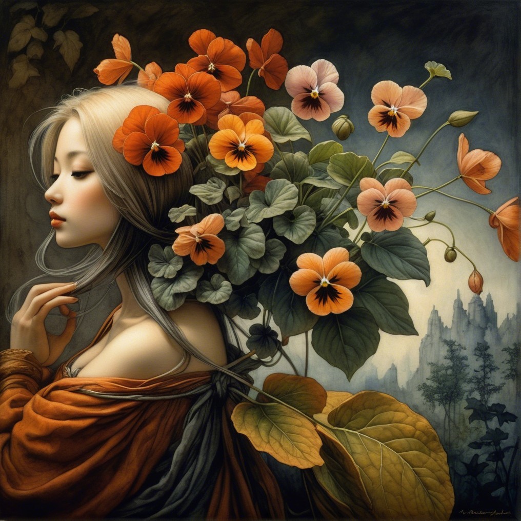 Serene Female Figure with Floral Elements in Artwork