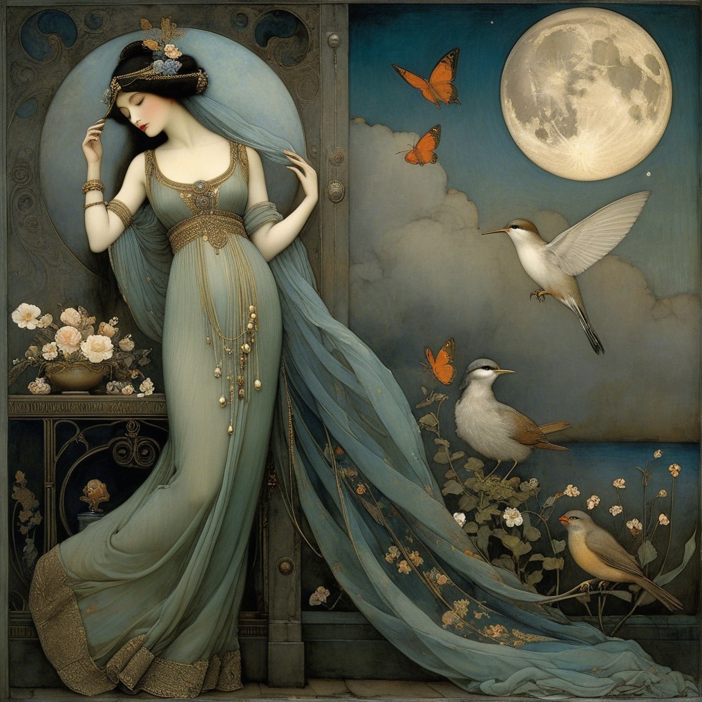 Serene Woman in Elegant Gown by Flowered Window