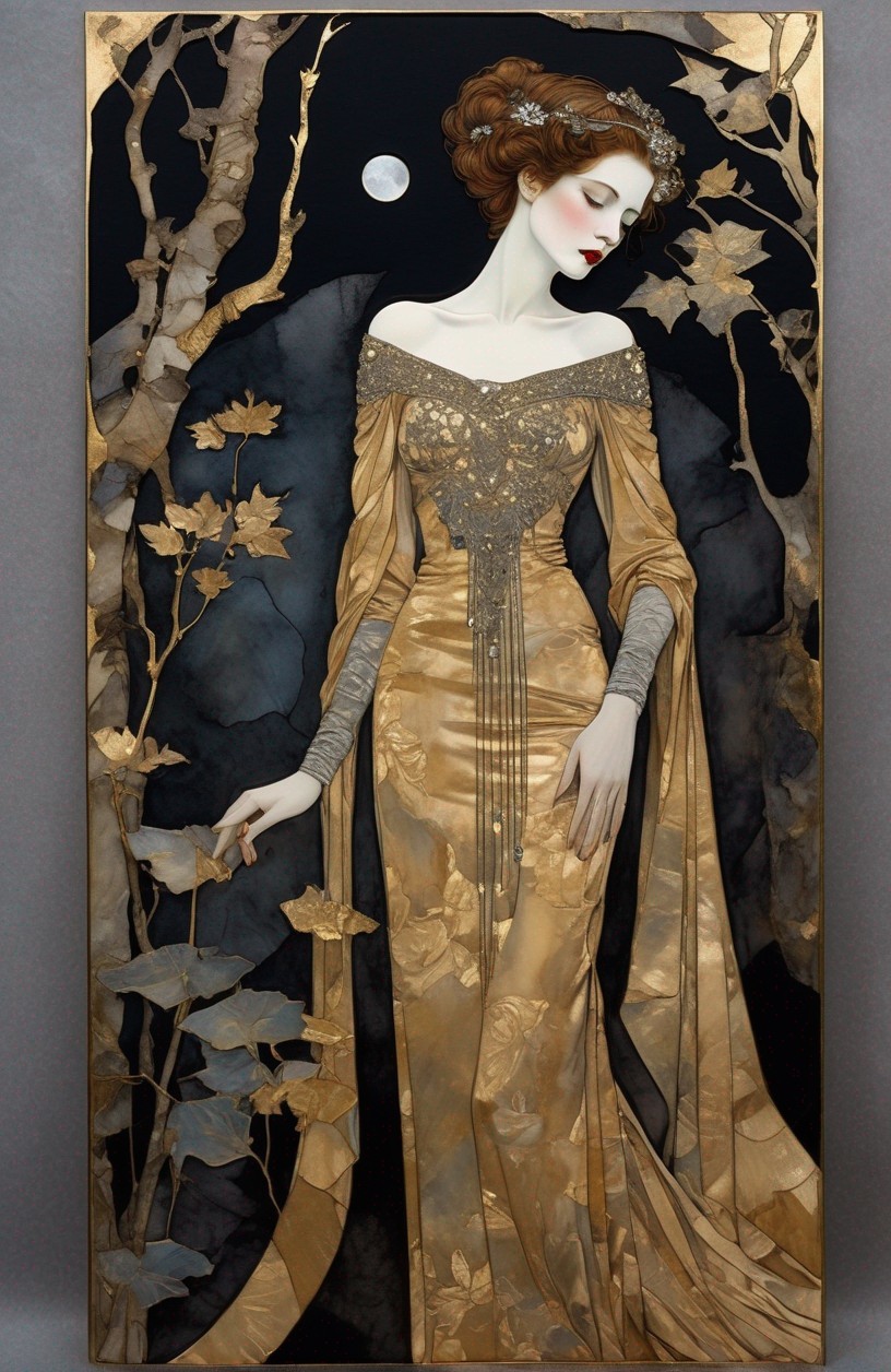Art Nouveau Painting of Woman in Golden Dress