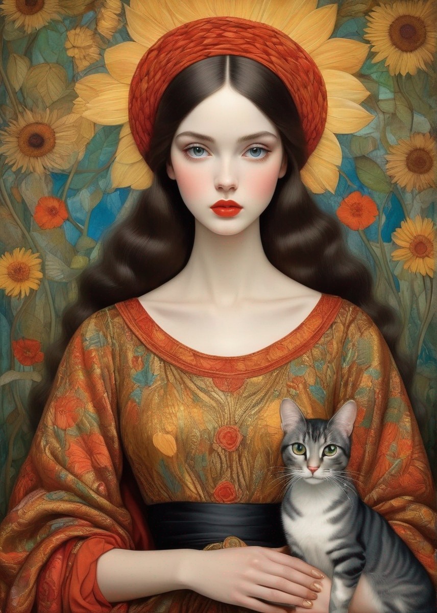 Young Woman in Orange Dress with Cat and Sunflowers