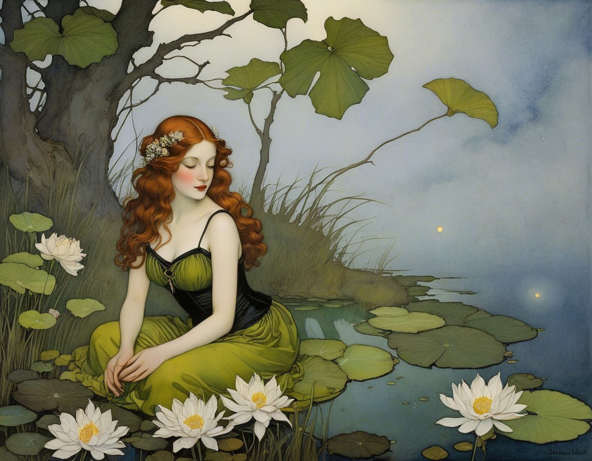 Ethereal Scene of a Woman on a Lily Pad