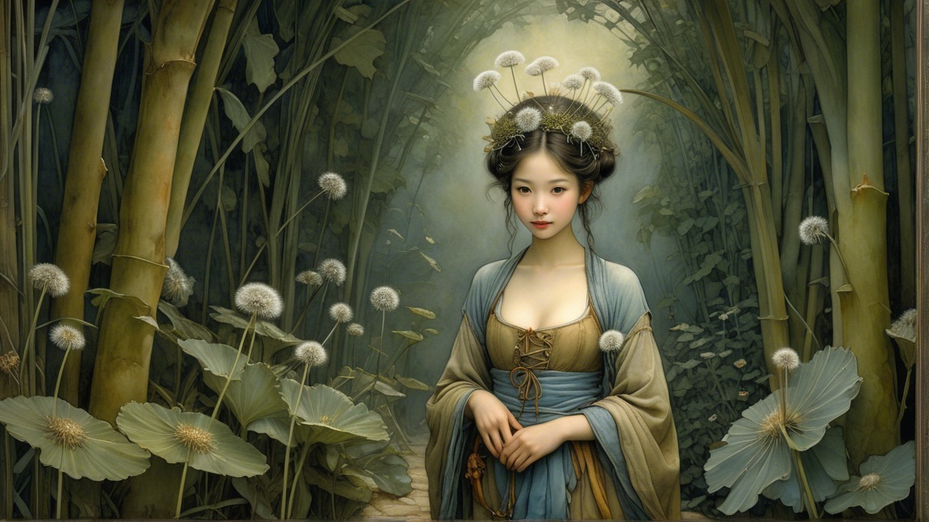 Young Woman in Elegant Gown Surrounded by Nature