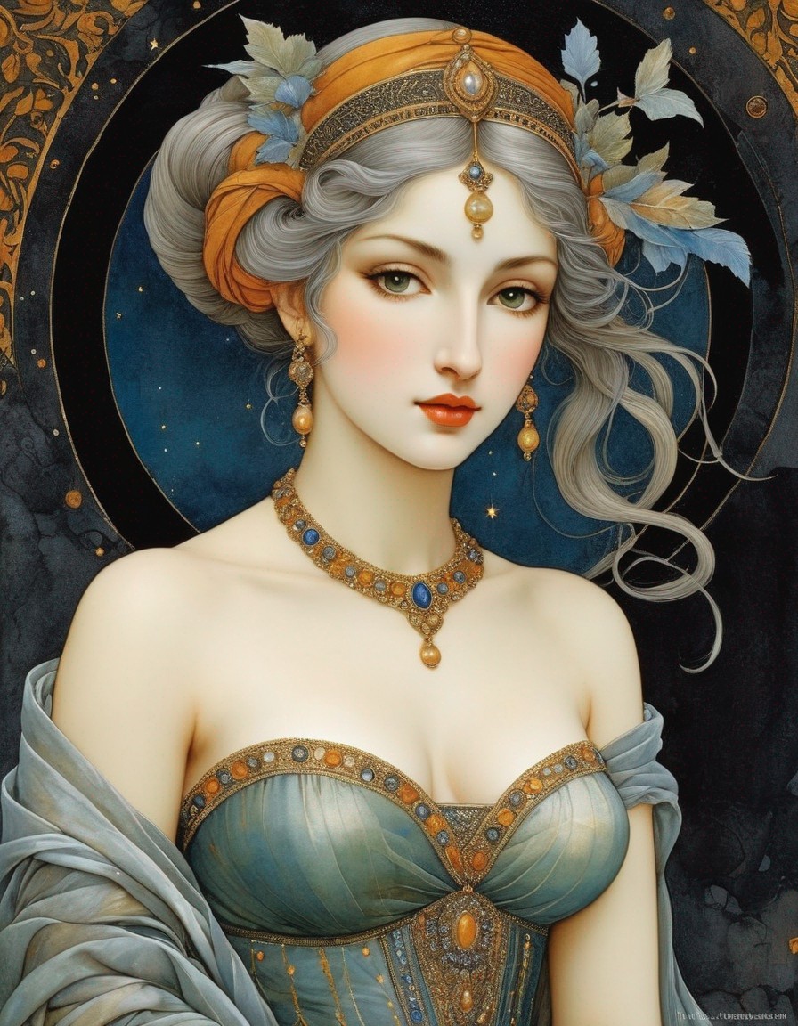 Adorned Woman with Silver Hair in Elegant Dress