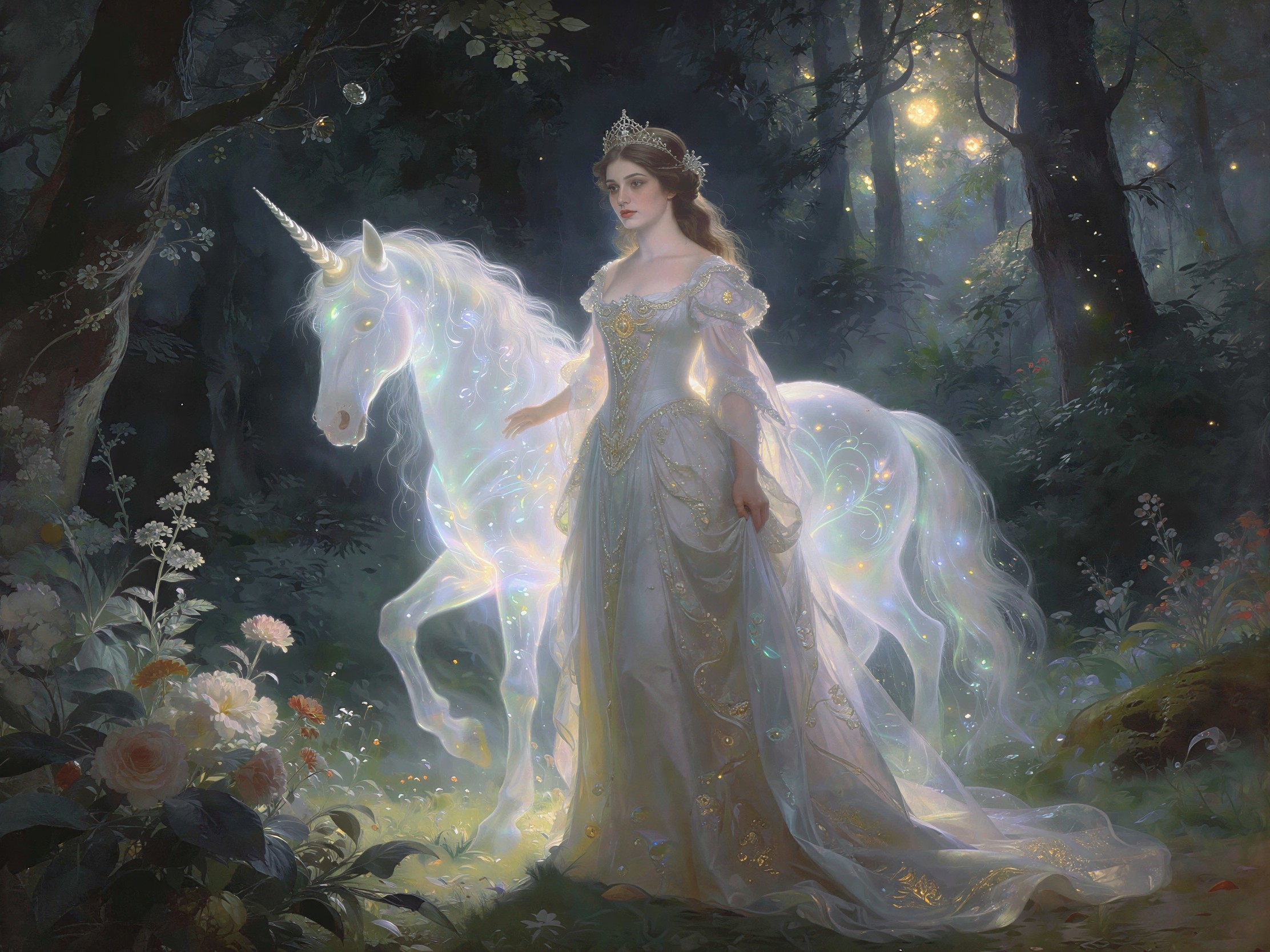 Young Woman and Translucent Unicorn in Enchanted Forest