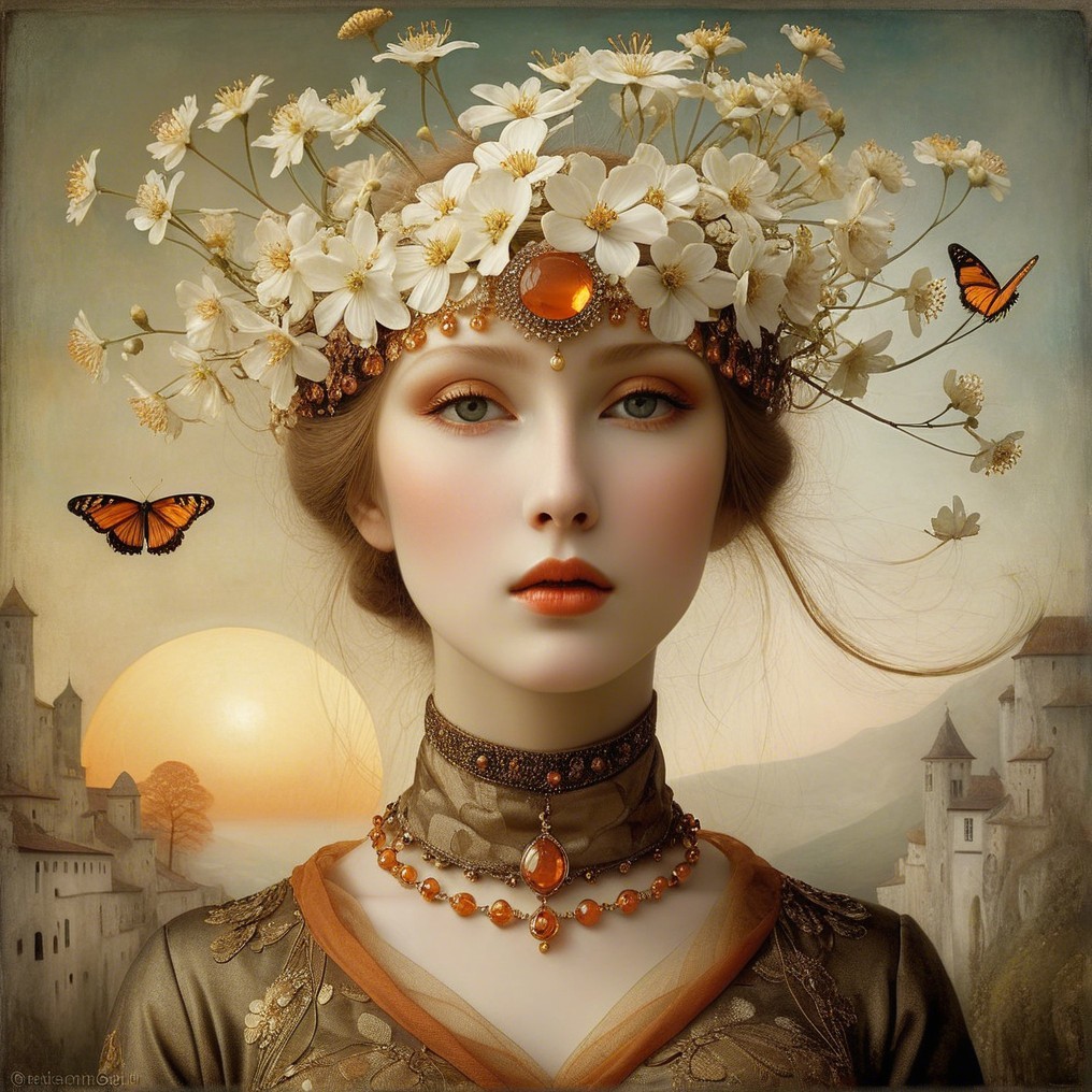 Floral Crowned Figure in Dreamy Sunset Landscape