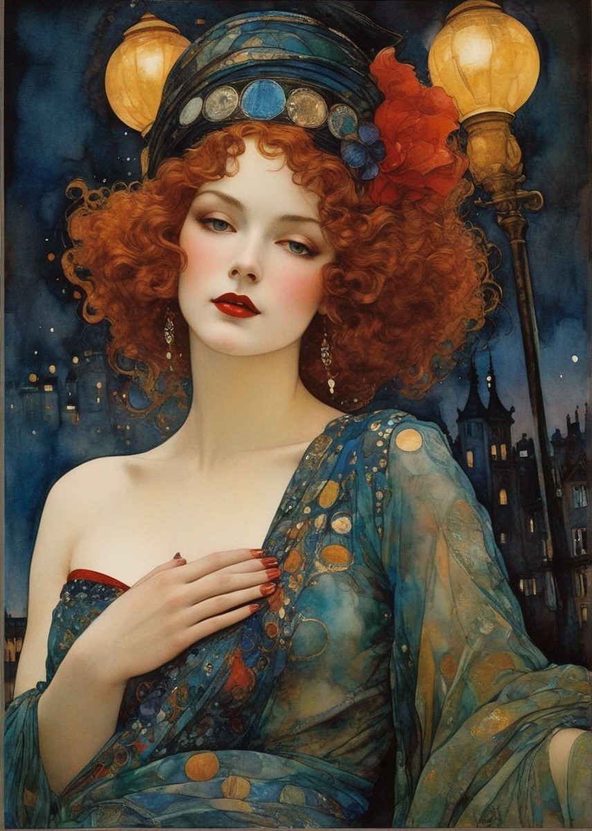 Curly red-haired woman in stylish hat by lamp post at night.