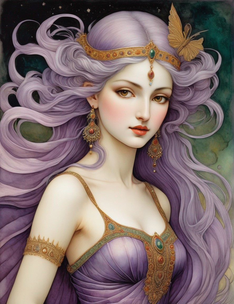 Illustration of a Woman with Purple Hair and Jewelry