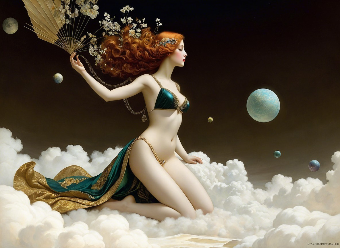 Ethereal Figure on Clouds with Celestial Background